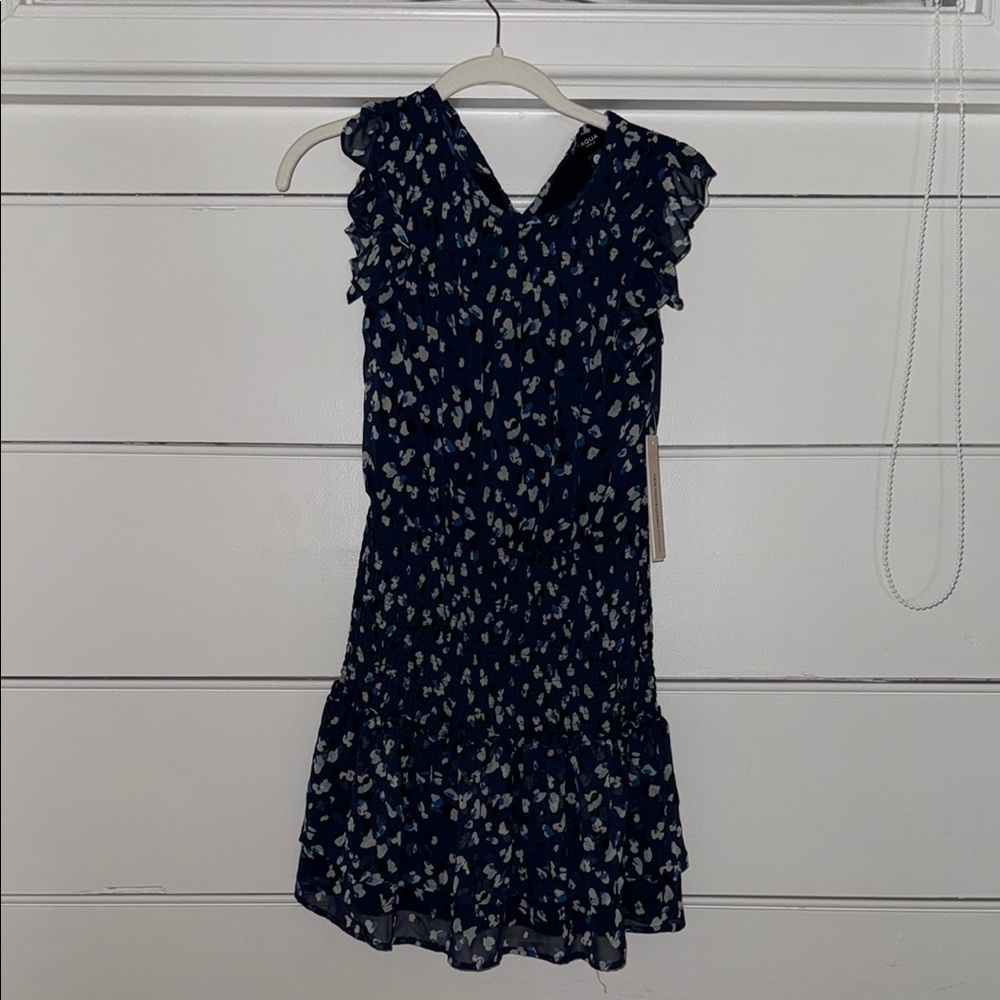 Navy Blue Ruffle Dress with White Pattern